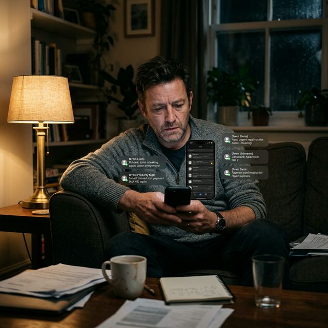 A tired landlord checking his phone late at night for maintenance messages.