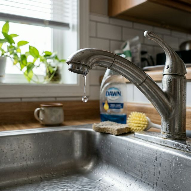 A close-up of a leaky kitchen faucet.
