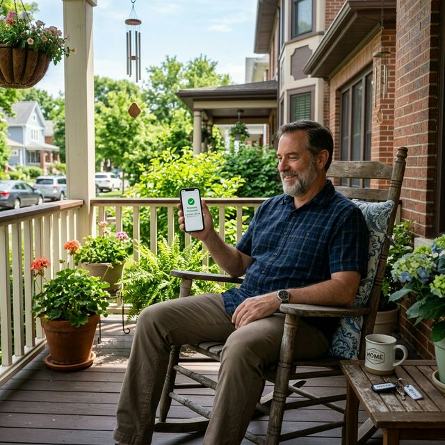 A relaxed landlord checking a payment received notification on his porch.