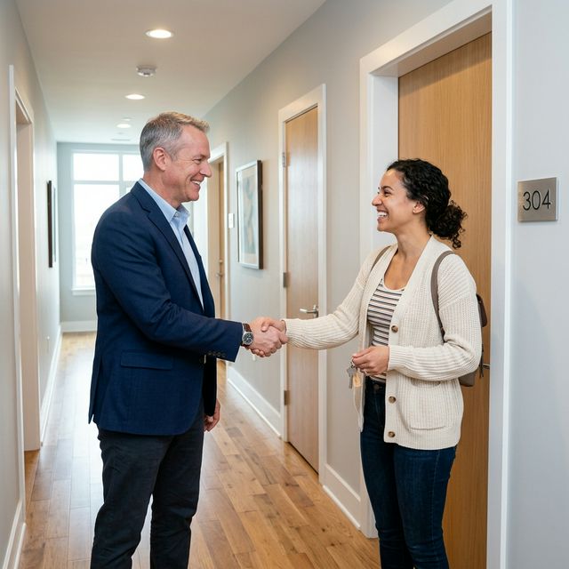 A landlord and tenant shaking hands happily.
