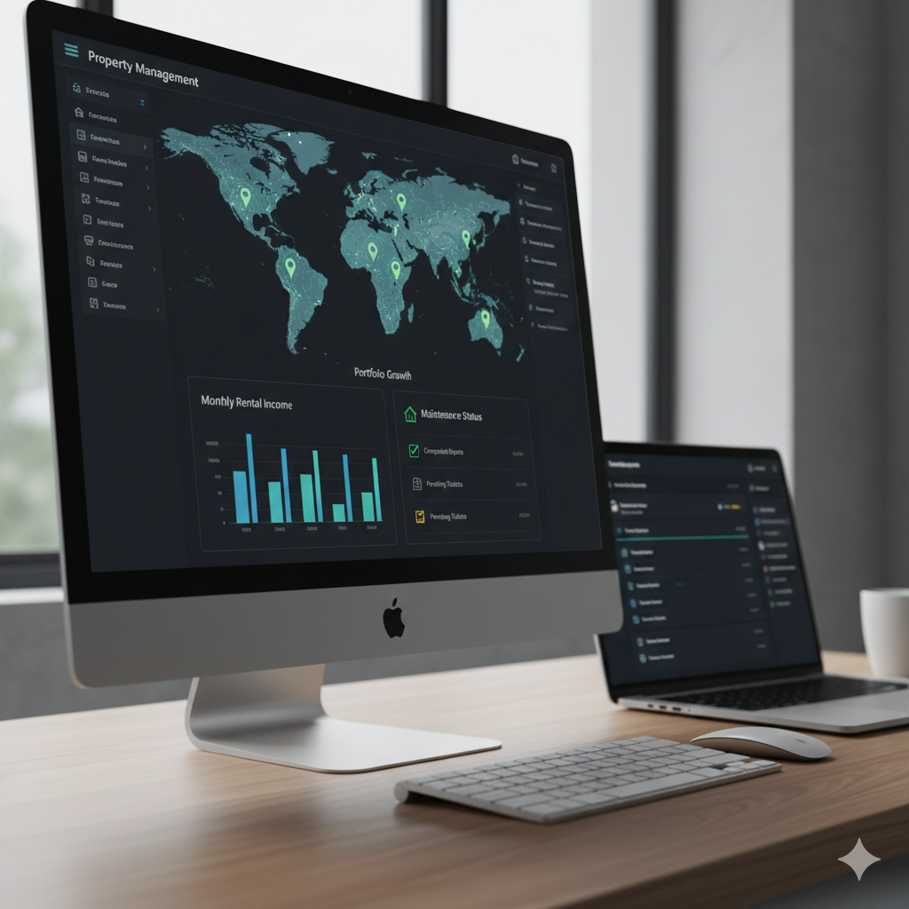 A sleek, intuitive digital dashboard showing an overview of multiple properties, rent status, and open maintenance tickets.