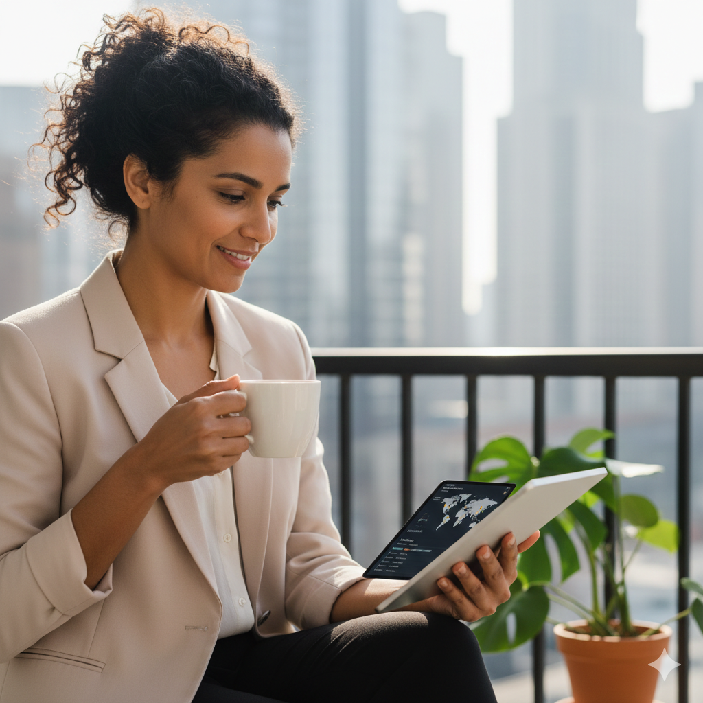 A landlord enjoying a peaceful morning, confident that their properties are running smoothly in the background.