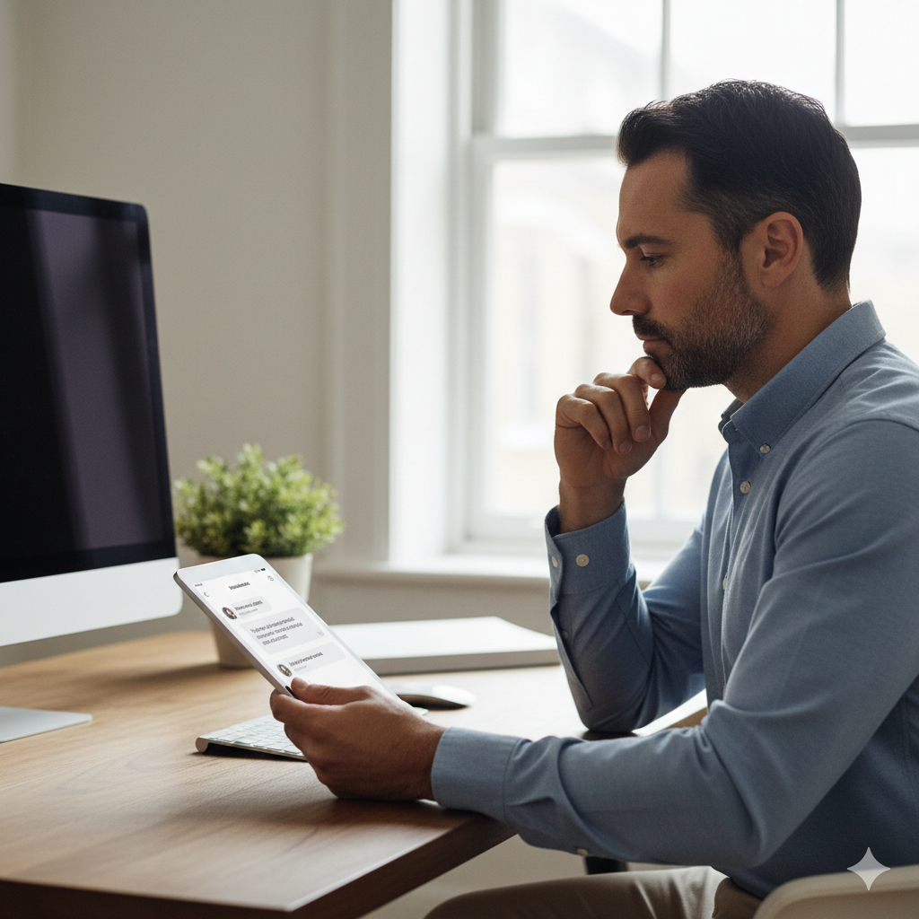 A landlord thoughtfully responding to a tenant message on a tablet, showcasing the ability to focus on quality interaction thanks to automated tasks.